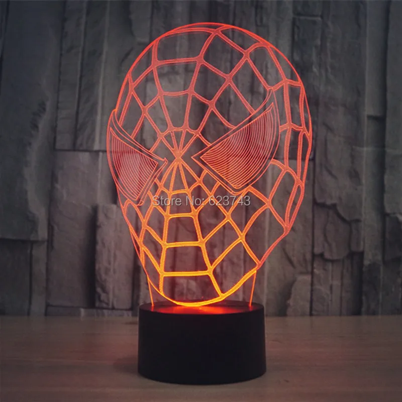 

Free Shipping Color changing 3D Spider Man Mask Acrylic LED Night Light with USB power multicolor table Lamp of 3D LEDS