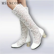 Размеры 34-46, новые модные женские сапоги до колена пикантные сапоги из сетчатого материала на квадратном каблуке с молнией и кружевом красивые летние сапоги дышащая женская обувь