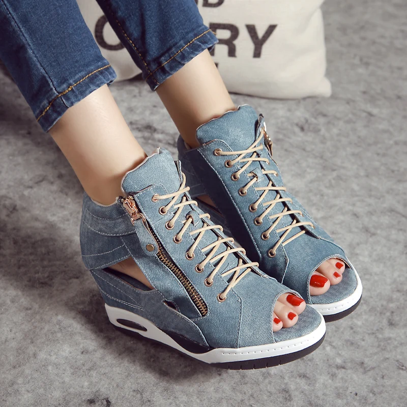 Womes Wedge Heels Lace Up Sandals Open Toe Denim Jeans Hollow Shoes ...
