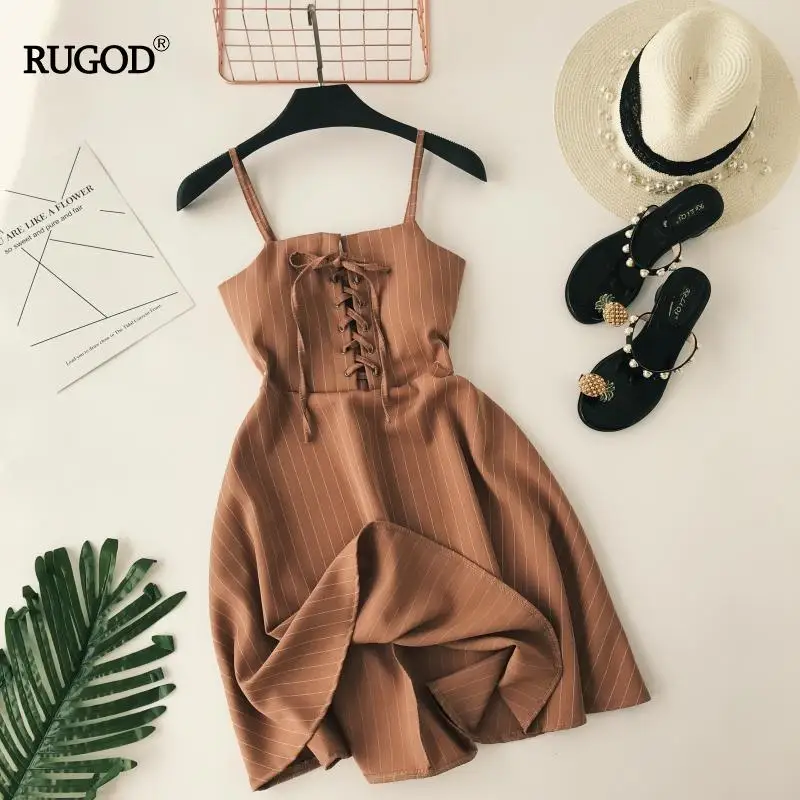 

RUGOD Striped Strap Women Dress Tunic Slim Middle Tied Summer Beach Dress Mini a Line Fashion Vintage Vestido Kimono Boho Chic