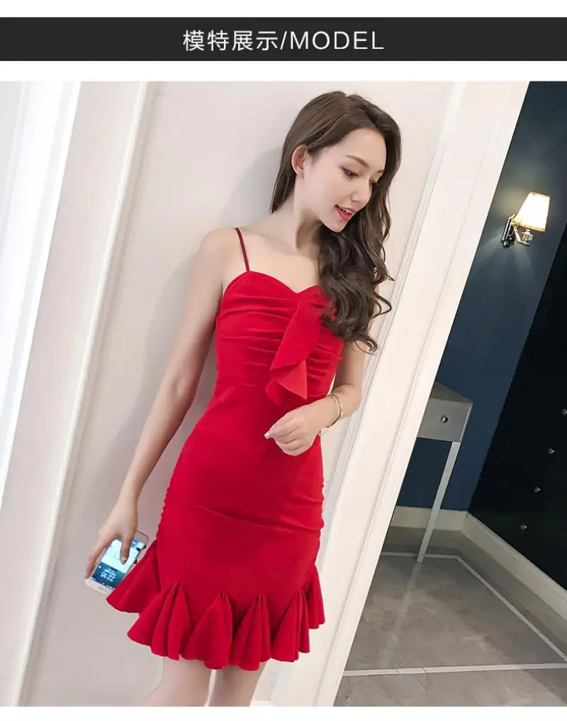 New 2018 Summer  Red Slim Dress  Women Formal Party Dress Women Sling  Sexy Bodycon Ruffles Fishtail Dress Free shipping