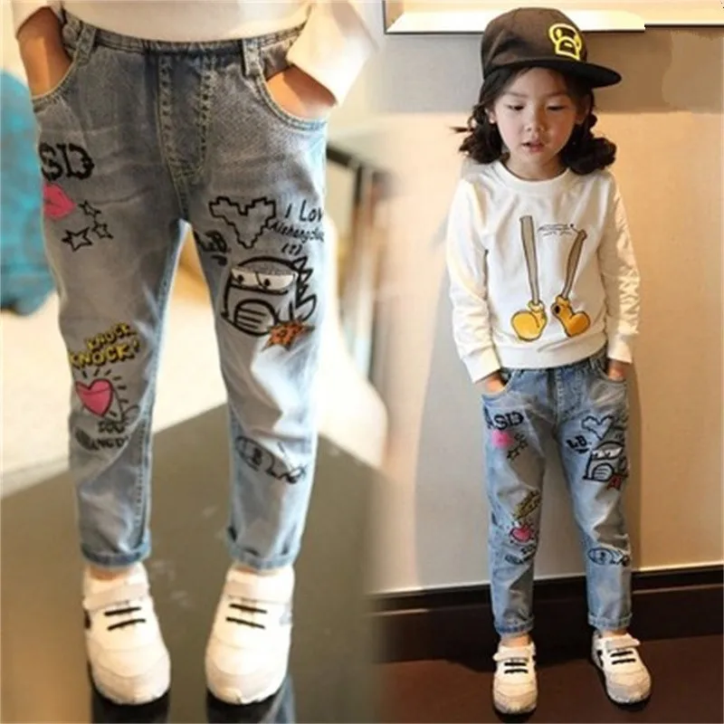 

2018 New Pattern Spring Autumn Girl Jeans Children broken hole Wild Graffiti boys Pants Baby Trousers girls Children's leggings