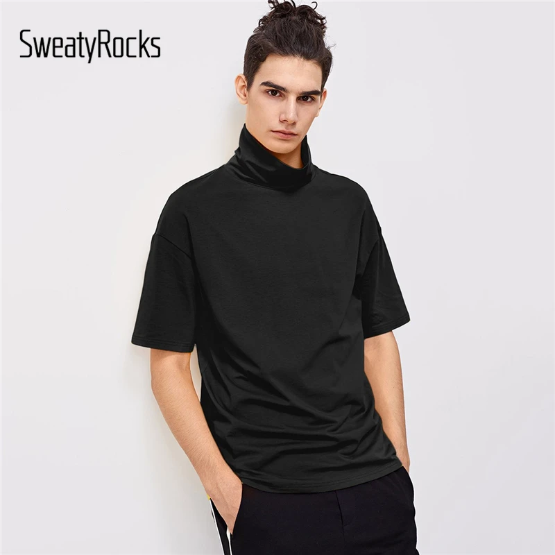 

SweatyRocks Men High Neck Half Sleeve Tee Streetwear Black T-shirts Fashion Mens Clothing 2019 Summer Casual Male Solid Tees