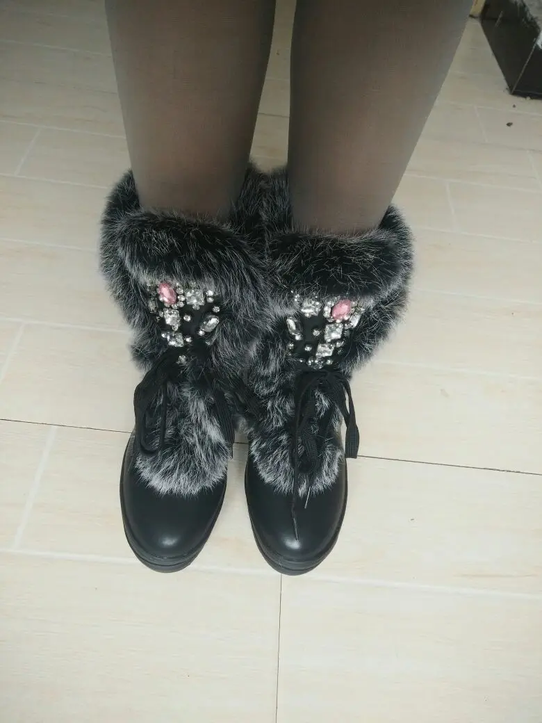 Зимние ботинки из настоящего кроличьего меха зимние модные сапоги со стразами и камнями дамская плотная теплая высокая обувь зимние сапоги больших размеров 41