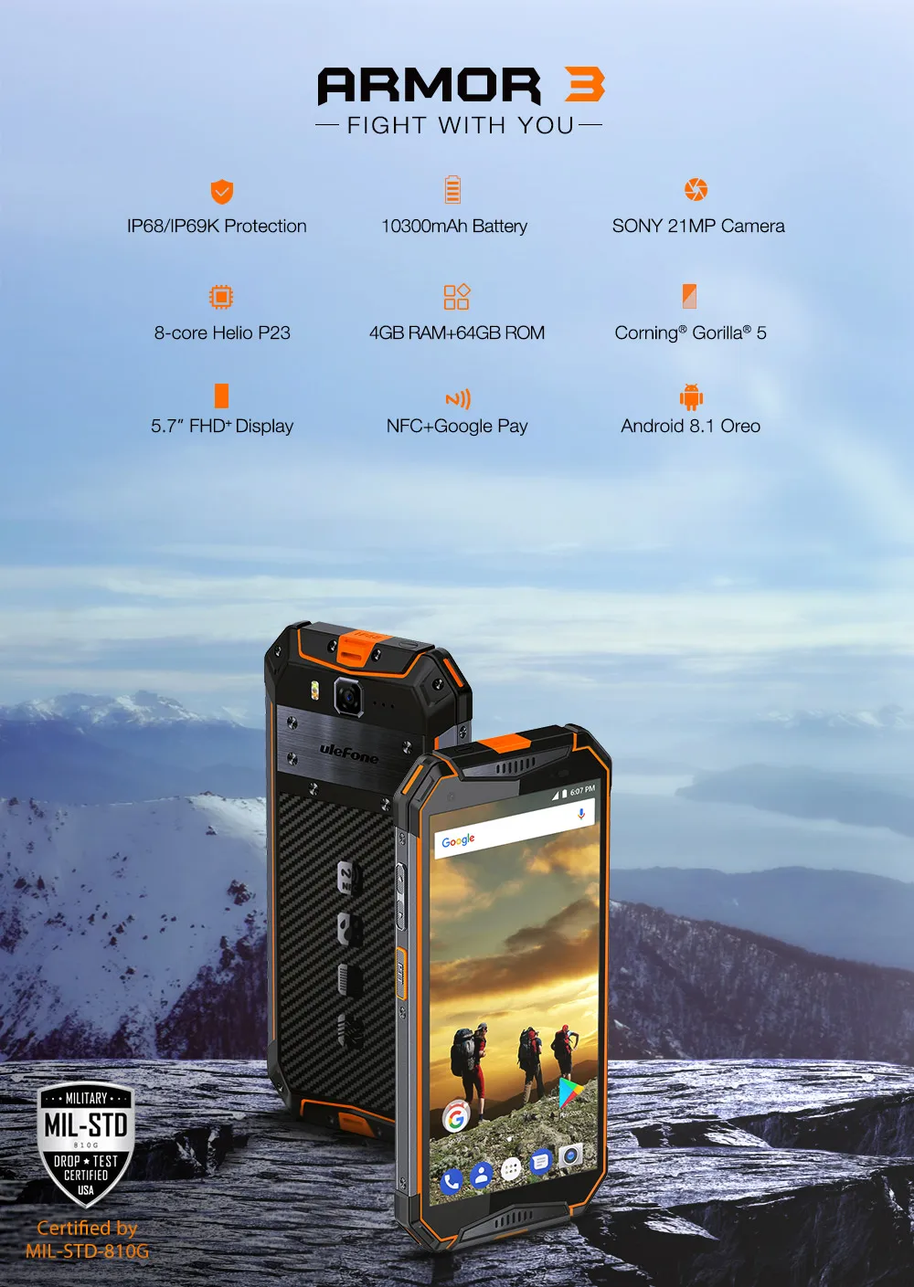 Ulefone Armor 3 глобальная версия мобильного телефона IP68 Водонепроницаемый 10030 мАч 5," FHD+ 4 Гб+ 64 ГБ Android 8,1 Восьмиядерный NFC Face ID телефон