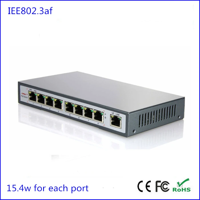 

10/100m 8 port poe switch with 1 Ethernet uplink port 15.4Watts per port, 12v/1.25A output for ipcam