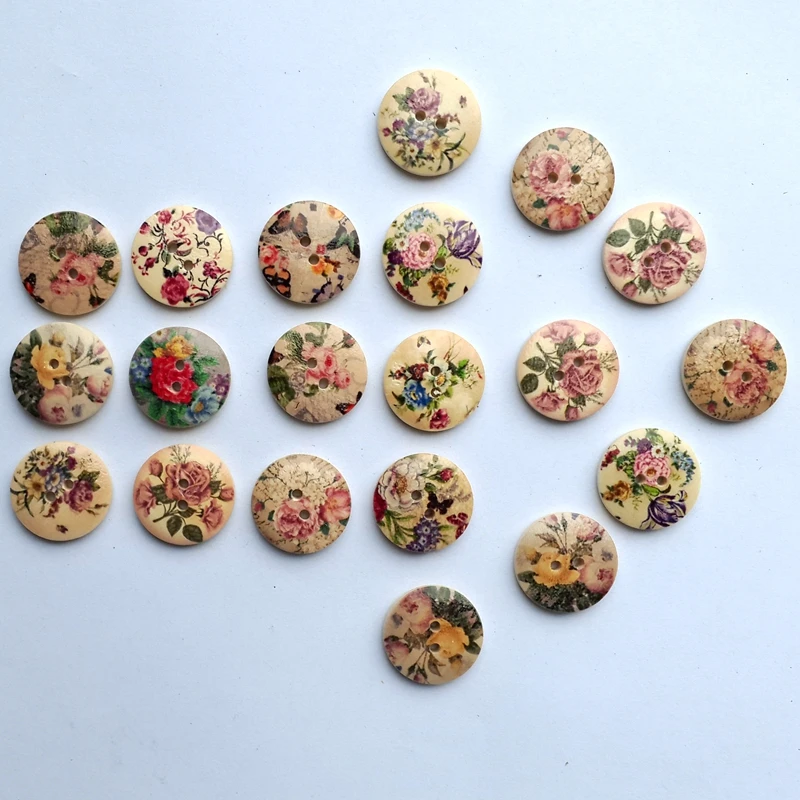 50Pcs/set 20mm Mixed Retro Natural Round Printing Pattern Wooden Sewing Buttons Random Colour DIY Handmade Clothes Accessories