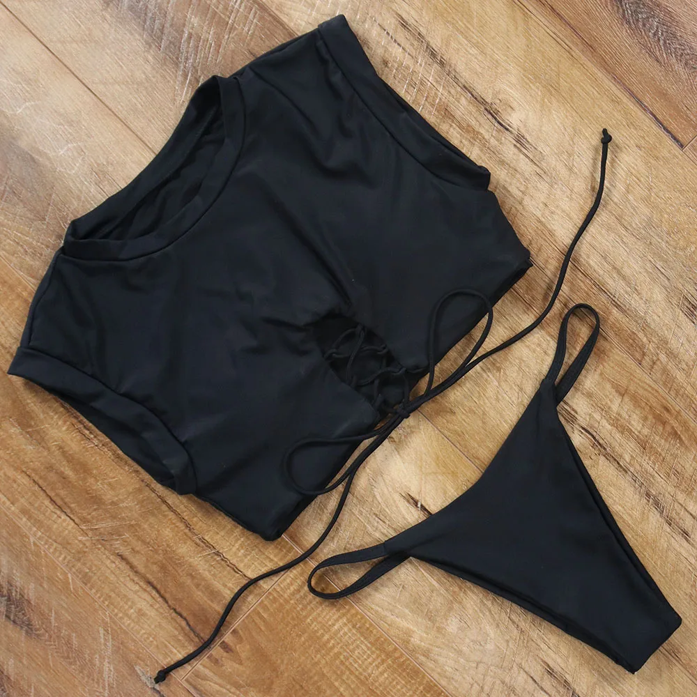 

crop top bikini sleeveless push up bikini set strappy swimsuits high neck swimwear women sexy bathing suit brazilian beachwear