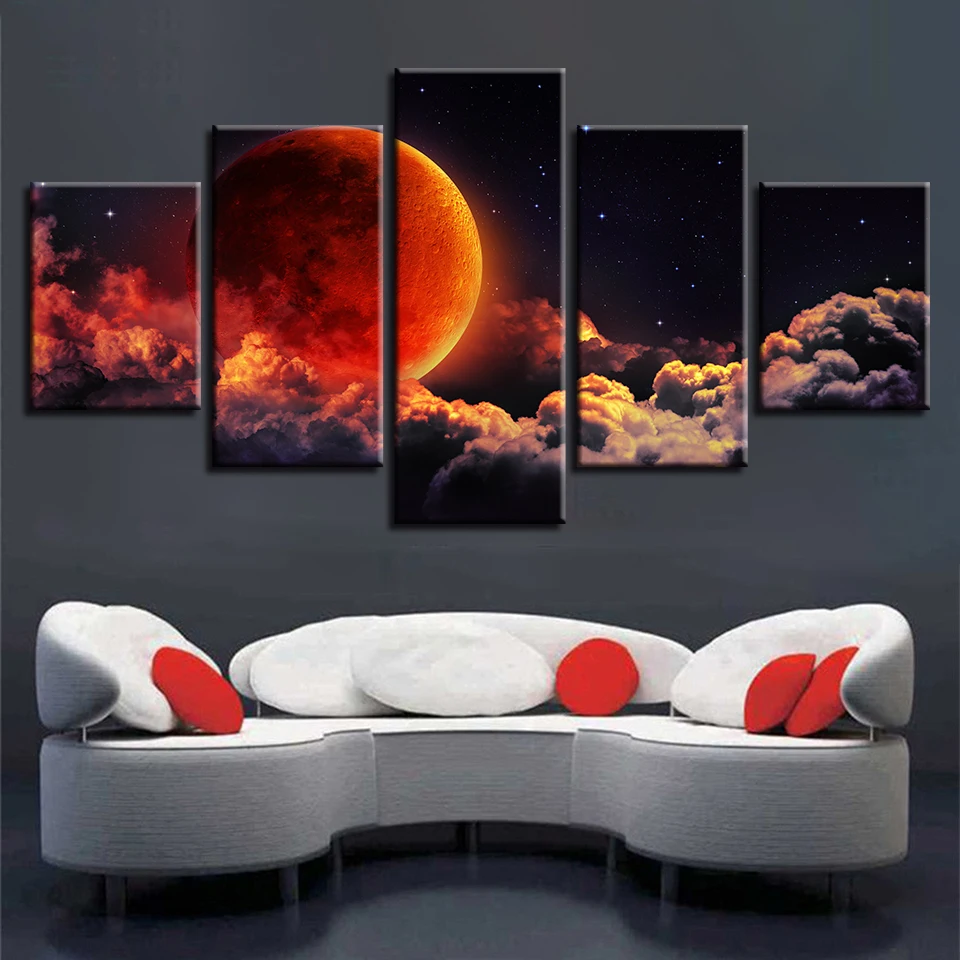 Canvas Wall Art Decor Modern 5 Pieces HD Printing Red Earth Planet And Cloud Night View Painting Modular Abstract Picture Poster