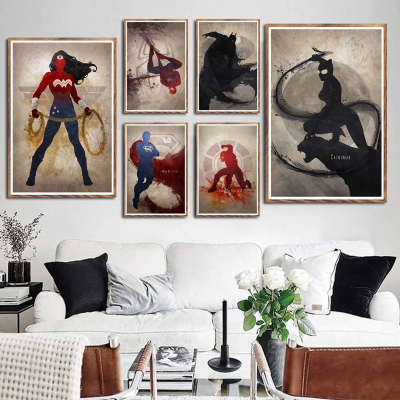 

P462 DC Marvel Superheroes Collection Comics Superman Batman Iron Man Splatter Art Painting Silk Canvas Poster Wall Home Decor