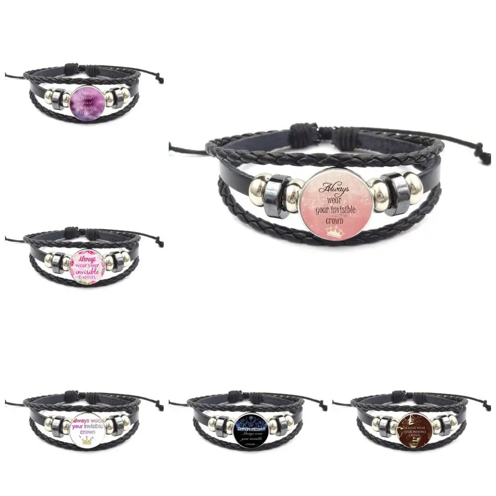 For Women Party Always Wear Your Invisible Crown Quote Cheap Fashion Jewelry Black Leather Bracelet Bangle Glass Cabochon | Украшения и