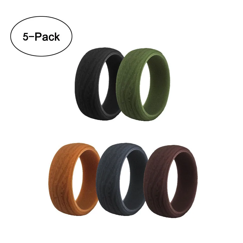 

5pc 8.7mm Thick Bark Pattern 5 Color Group Business Gentleman Style Men's Ring Personality Silicone Ring