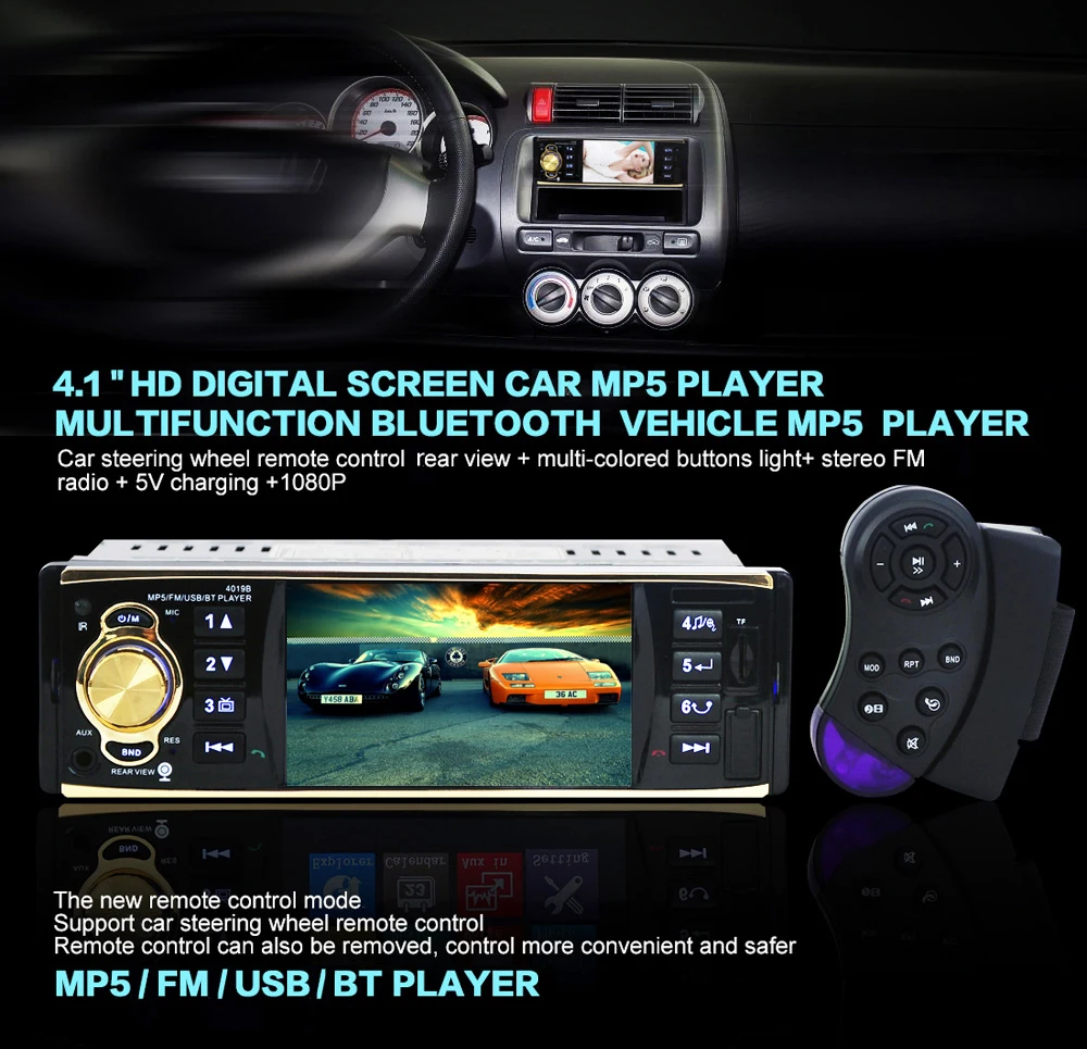 Podofo 4,1 pulgadas 1 Din Radio de coche Audio estéreo AUX FM estación de Radio Bluetooth Autoradio con cámara de visión trasera remota control