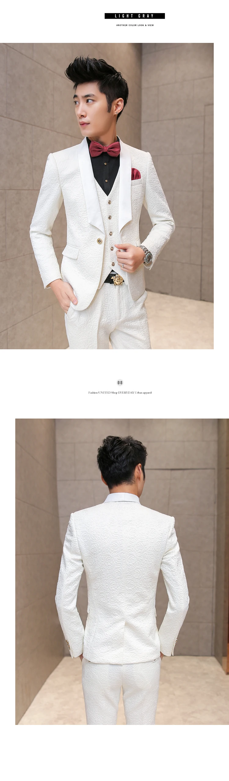 Белые Свадебные смокинги для мужчин, брендовые элегантные винтажные костюмы с принтом розы, Мужской приталенный костюм жениха на выпускной, пиджак+ жилет+ брюки
