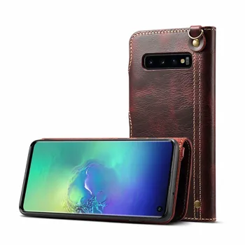 

Premium Flip Genuine Leather Wallet Case Cover Card Slot Closure Protective Stand with Strap for Samsung galaxy S10/S10 PLUS