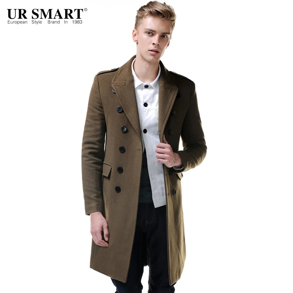 Бренд URSMART мужское двубортное шерстяное пальто Длинная секция темно-серого цвета Мужское пальто куртка - Цвет: Olive green