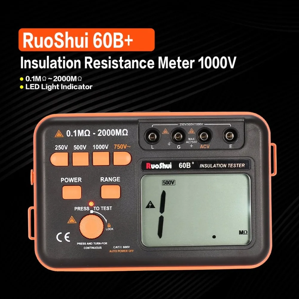 

RuoShui 60B+ 1000V Digital Auto Range Insulation Resistance Meter Tester Megohmmeter Megger High Voltage LED Indication