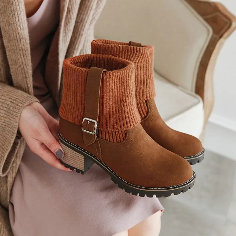 

US4-11 Women Round Toe Flock Stitching Kniiting Tube Ankle Boots Block High Heel Warm Winter Fleece Liner Shoes Plus Size 3Color
