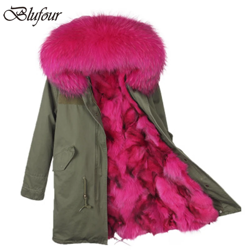 

2018 Women's Army Green Large Raccoon Fur Hooded Coat Military Parkas Outwear Long Detachable Fox Fur Liner Winter Jacket Brand