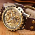 Механические часы в стиле ретро с бронзовым скелетом, Мужские автоматические часы, спортивные роскошные брендовые кожаные часы, мужские часы