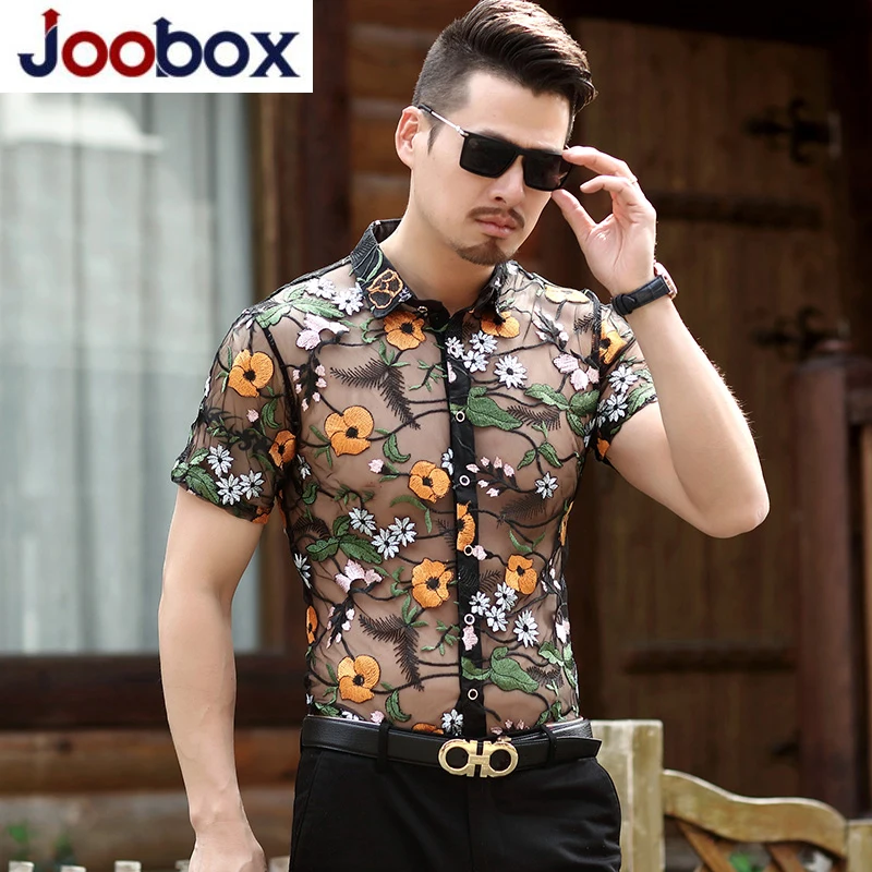 

camisas masculina sexy man hollow lace floral clothes male see through embroidery shirts short sleeve transparent dress shirts