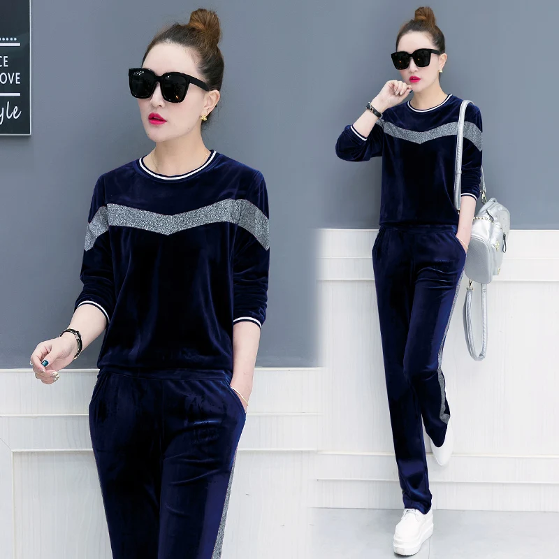 

Tracksuit for women Gold velvet leisure suit 2019 spring fashion new slim round neck large size spell color 2 piece set female