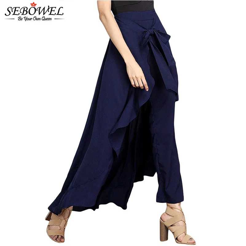 SEBOWEL Осенняя женская шифоновая юбка с завязками на талии, штаны с оборками, юбка винтажного размера плюс, асимметричная Весенняя длинная свободная юбка макси - Цвет: Navy Skirt
