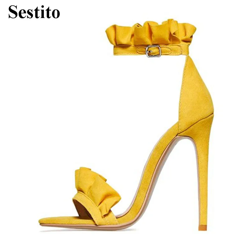 

2018 Women Solid Peep Toe Turned-over Edge Buckle Strap Cover Heel Sandals Super High Thin Heels Flock Sweet Basic Party Shoes