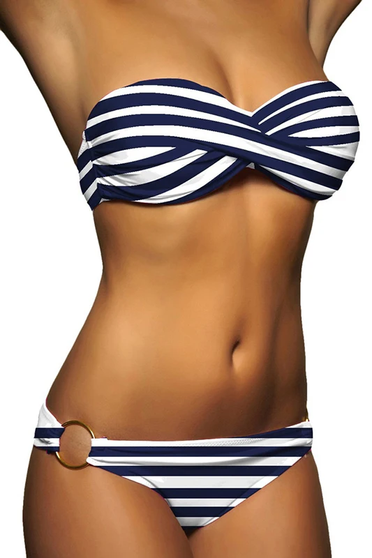 Bettydom Retro Colorful Cotton Swimsuit Padded Bandeau Swimwear 2 Pieces Bikini Set