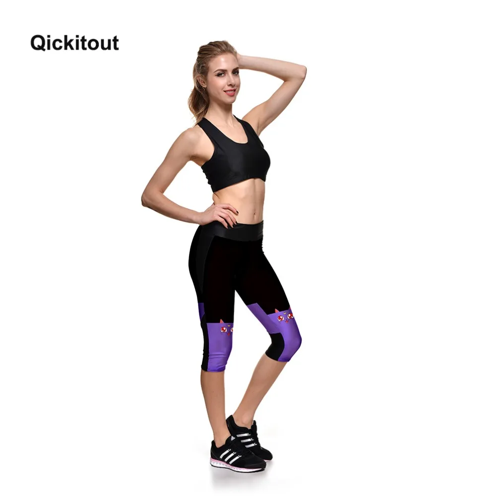 Брюки Капри бренда qickitout женские 7 точечные брюки женские милые фиолетовые штаны с принтом кота и Луны штаны для фитнеса с высокой талией