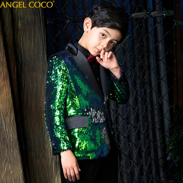 5PCS/SET Boys Suits For Weddings Green Double Sided Sequin Boy Suit For