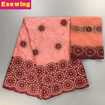 

Esewing New arrivals peach color embroidered bazin riche getzner with tulle lace fabric African Bazin fabric for women dress