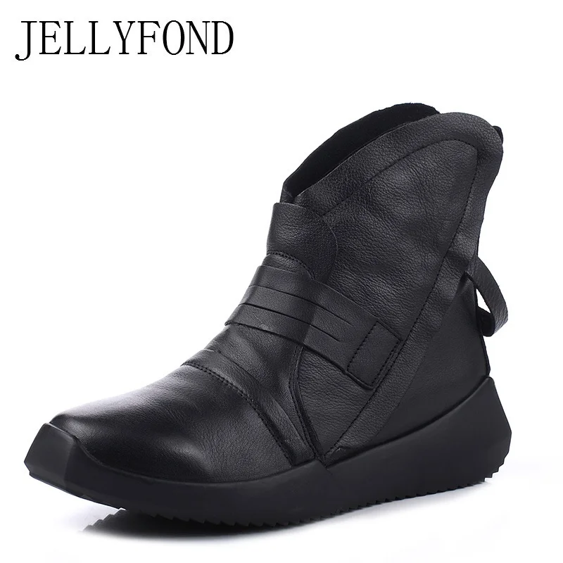 

2017 Genuine Leather Warm Fur Winter Ankle Boots for Women Vintage Style Designer Handmade Platform Wedge Boots Shoes Woman