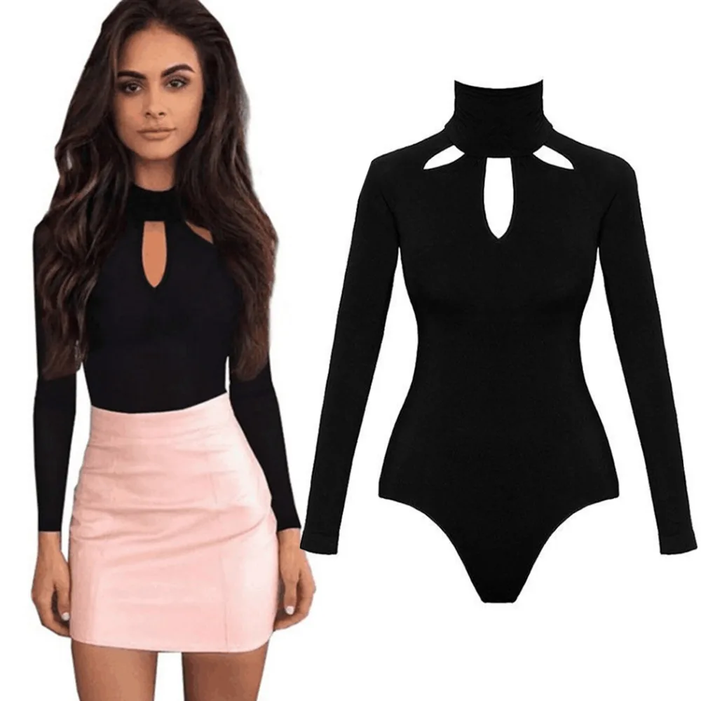 

New Autumn Halter Bodysuits Long Sleeve Women Sexy Tops Black Winter Choker Hollow Out Skinny Playsuits Romper Body Feminino