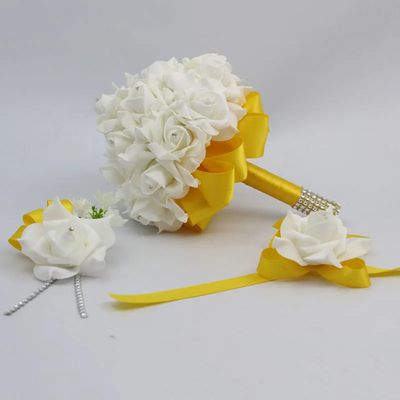 Online Get Wrist Corsage Set Aliexpress Alibaba Group 3 Pcs Gold Bridal Bridesmais Rose Flower Wedding Bouquet Man Boutonniere Bride Wrist Corsage Set Home