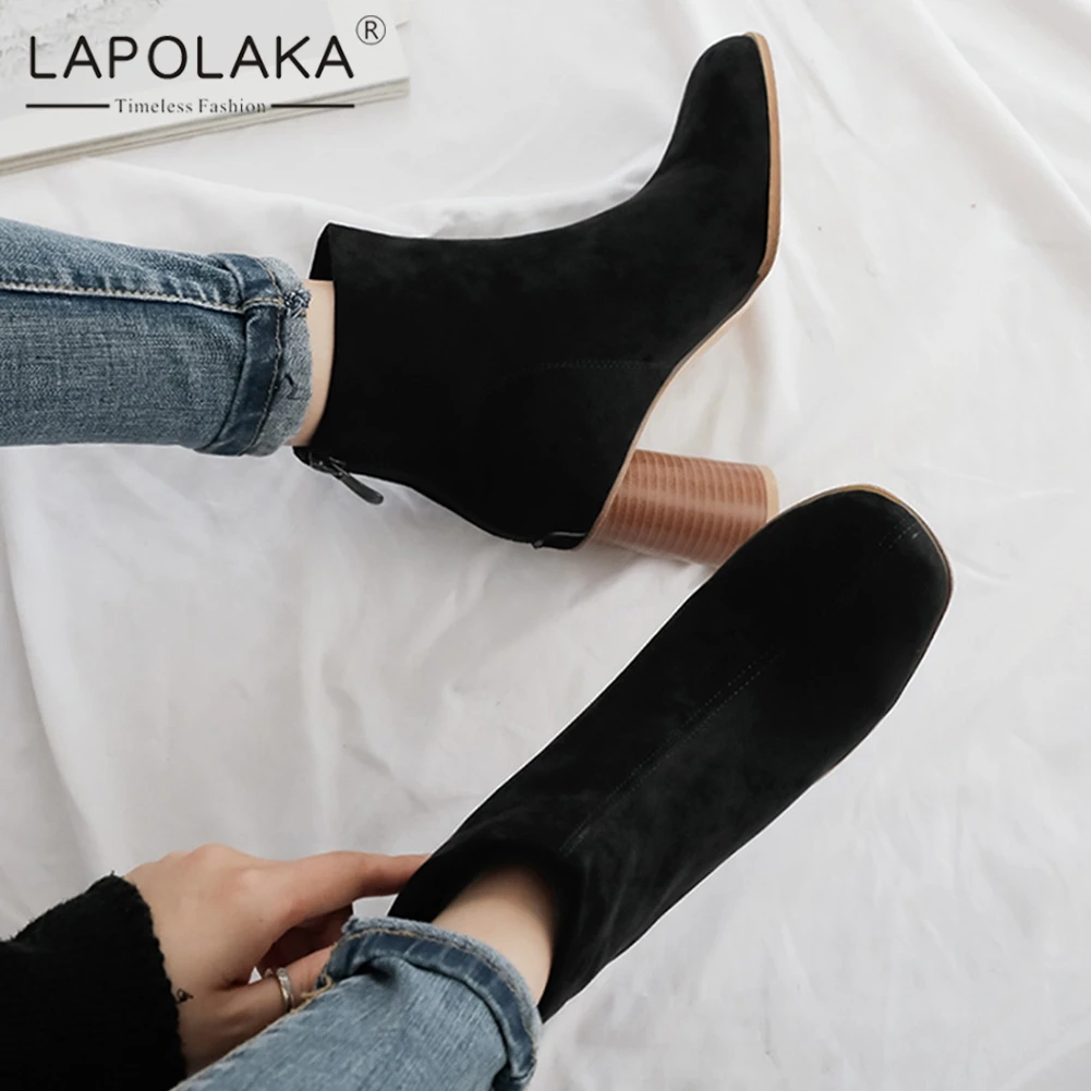 

Lapolaka Ankle Boots Woman Concise Flock Round High Heels Zipper Ladies Ankle Boots Woman Plus Size 32-48