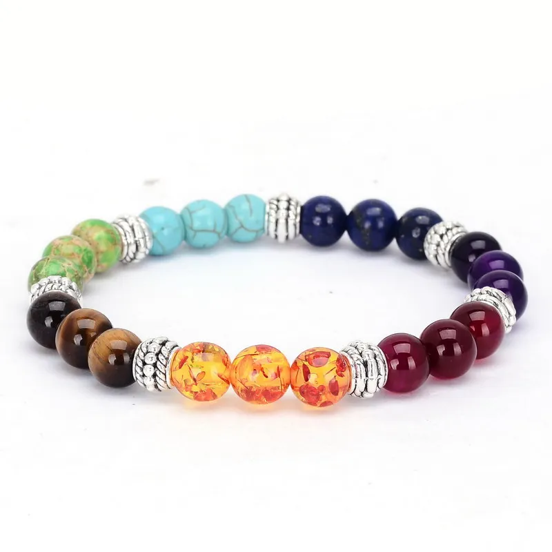 

SEVENSTONE Natural Lava Stone Bracelets Bangles 7 Reiki Chakra Healing Balance Beads Bracelet for Men Women Stretch Yoga Jewelry