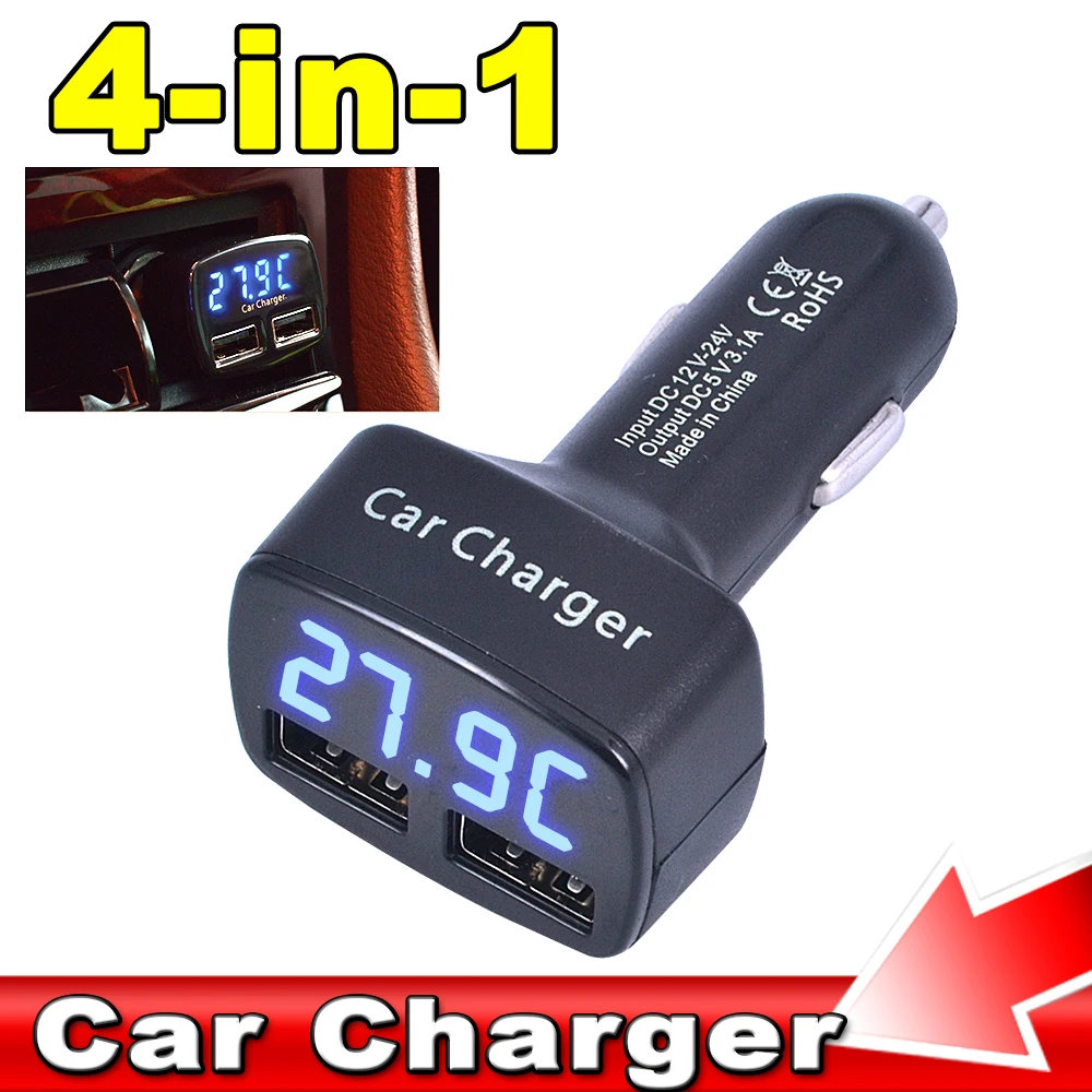 4in 1 12V Car Charger Quick Charge Dual USB Car-Charger for Mobile Phone Digital LED Display 3.1A | Автомобили и мотоциклы
