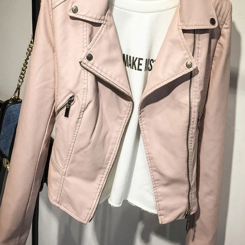 DHfinery/Весенняя женская короткая кожаная куртка из искусственной кожи, кожаные мотоциклетные куртки, женский черный, розовый кожаный пиджак, большие размеры s-XL 9755
