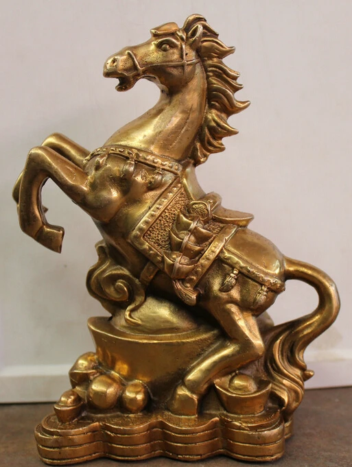 

JP S0524 8" Chinese Brass Fengshui Zodiac Year Horse Coin Money Wealth Yuanbao Cai Statue