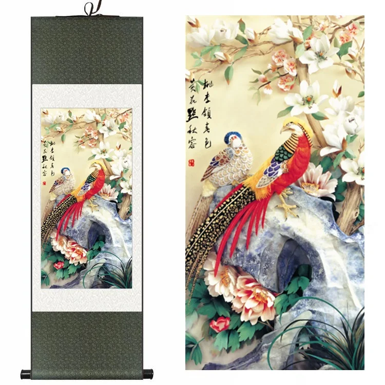 

Chinese Silk ink watercolor flower bird Magnolia golden pheasant art canvas wall picture feng shui damask framed scroll painting