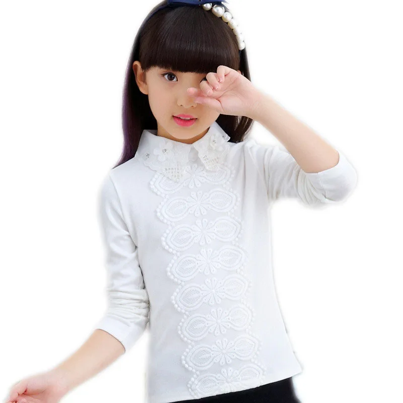 

Spring Autumn School Girl Blouse For Kids Blouse Children Clothing For Teenage White Pink Korean Lace Shirt With Flowers Q162