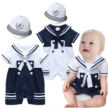Macacão de bebê Menino Roupas Bebes Conjunto Roupa de Marinheiro de Manga Curta Romper + Chapéu Terno Marinha Traje Roupas de Bebê Menino Infantil macacão