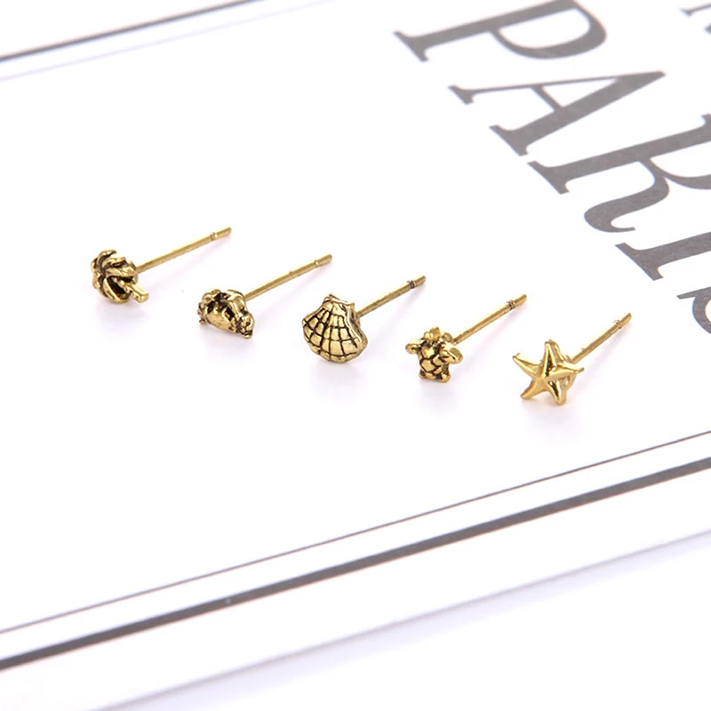 

5 Pcs/set Women Golden Ultra Small Stud Earrings Mini Stud Earrings Starfish Earrings Turtle Coconut Crab Shell Set Gift