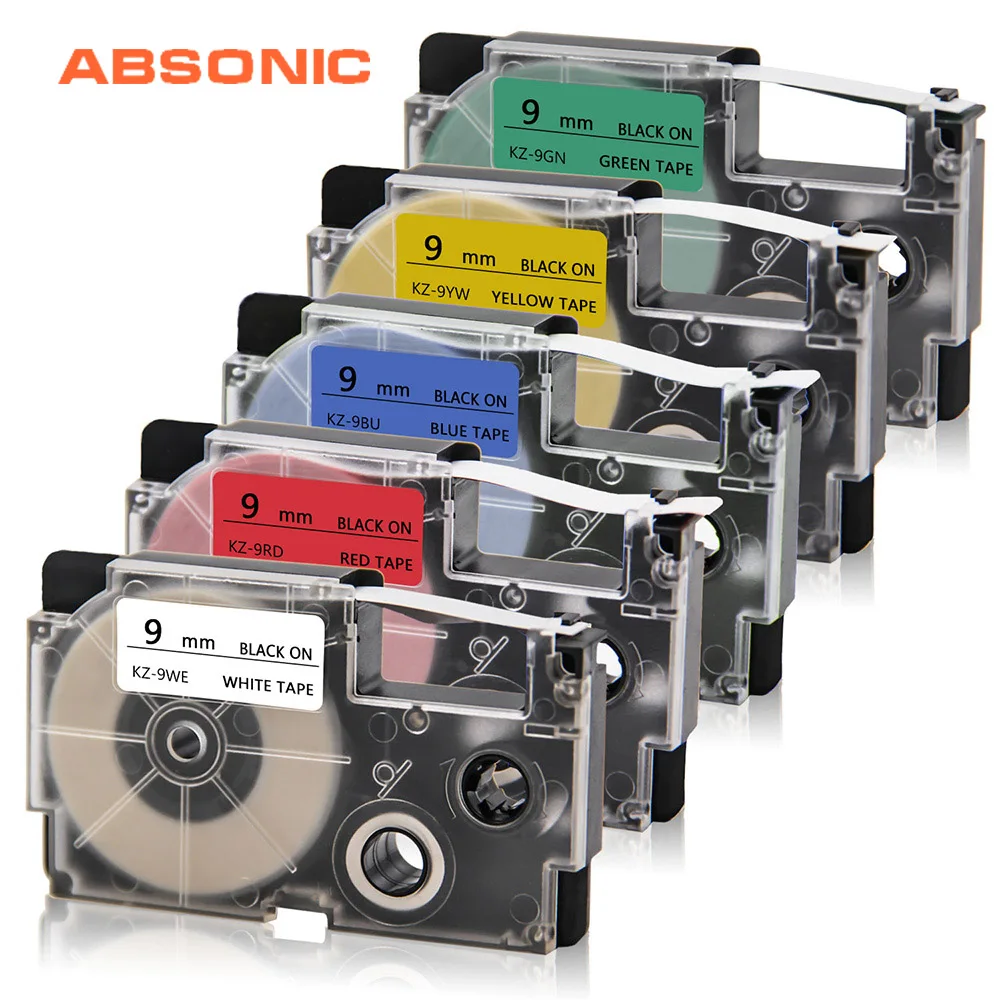 Absonic شريط ملصقات 9 مللي متر * 8 m XR-9X XR-9WE XR-9RD XR-9BU XR-9YW XR-9GN متوافق مع كاسيو KL-60 KL-120 KL-750 طابعة التسمية صانع