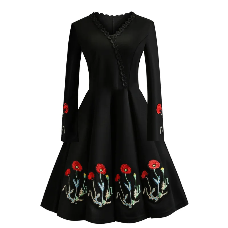

Joansam Women Vintage Dress Spring V-Neck Long Sleeve Floral Embroidery Corset Retro Dress A-Line High Waist Elegant Dresses