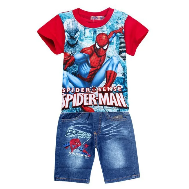 Розничная ; комплекты детской одежды с человеком-пауком; модная детская летняя рубашка с героями мультфильмов; комплект с джинсовыми шортами; одежда для маленьких мальчиков - Цвет: red
