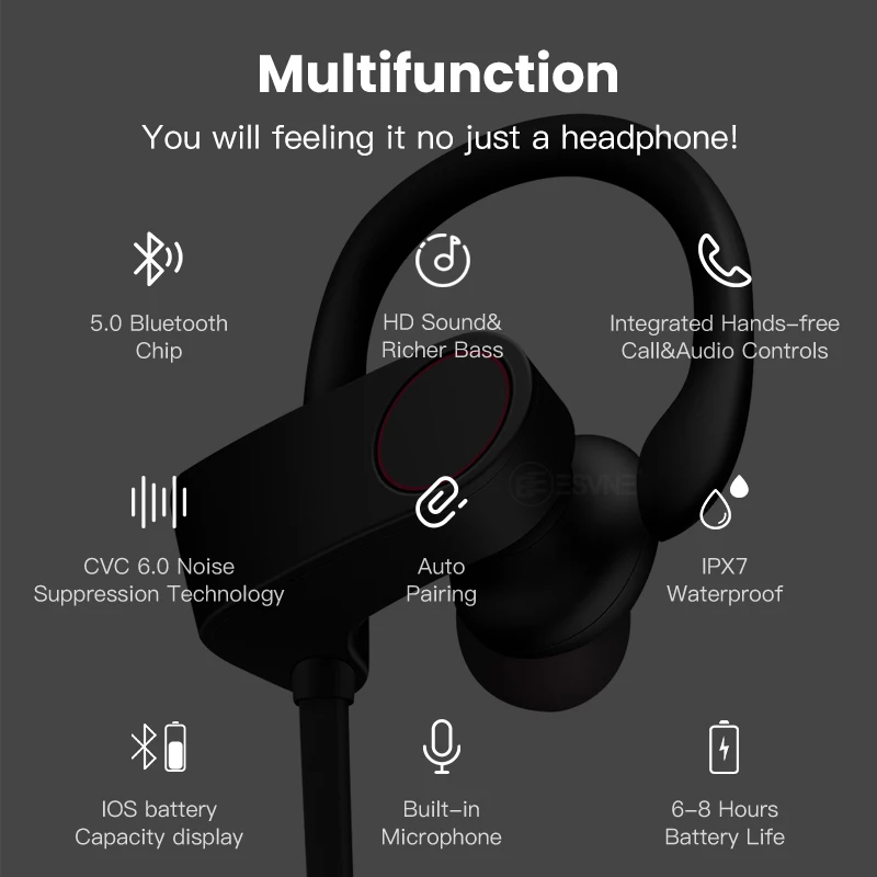 Esvne Sports Bluetooth earphone with Mic active noise cancelling Wireless Headset for phones and music apple iphone xiaomi