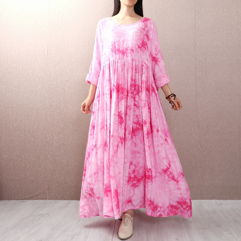 Rose Été O Vert Lin cou Printemps lavande Longues Coton À Manches Robe 2018 Femmes Robes Taille Plus Longue Lâche La z7SUgxqwXn
