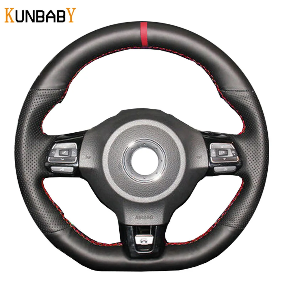 

KUNBABY Genuine Leather Car Steering Wheel Cover Red Marker on Top for Volkswagen Golf 6 MK6 VW Polo Scirocco R Passat CC R-Line